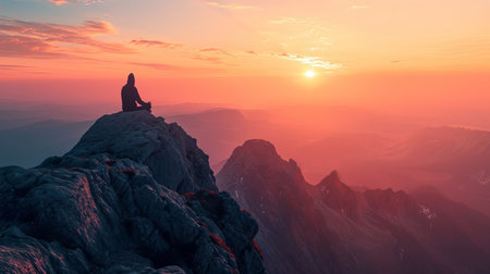 Experience inner peace and tranquility as you immerse yourself in the breathtaking beauty of a solitary figure meditating at the summit of a majestic mountain The first light of sunrise illuminates the serene surroundings creating a tranquil ambiance that leaves a lasting impression on your soulの素材
