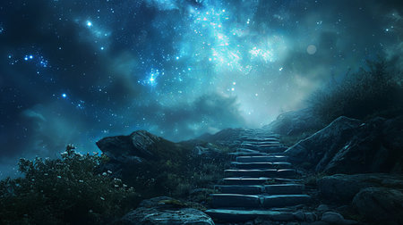 Embark on the aspirational journey to success and beyond the limits of imagination with this mystical staircase leading to the stars in an otherworldly landscapeの素材