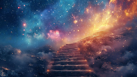 Embark on the aspirational journey to success and beyond the limits of imagination with this mystical staircase leading to the stars in an otherworldly landscapeの素材
