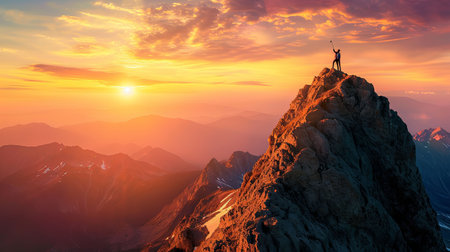 A triumphant climber standing on the mountain peak at dawn planting a flag with a majestic panoramic view of the world below bathed in the golden light of sunriseの素材