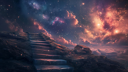 Embark on the aspirational journey to success and beyond the limits of imagination with this mystical staircase leading to the stars in an otherworldly landscapeの素材