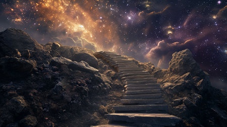 Embark on the aspirational journey to success and beyond the limits of imagination with this mystical staircase leading to the stars in an otherworldly landscapeの素材