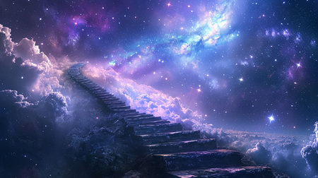Embark on the aspirational journey to success and beyond the limits of imagination with this mystical staircase leading to the stars in an otherworldly landscapeの素材