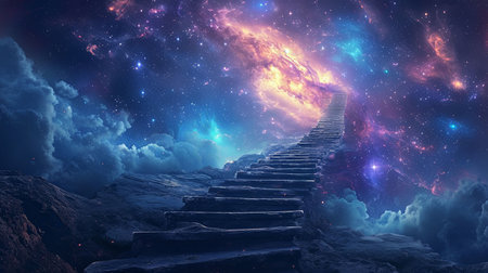 Embark on the aspirational journey to success and beyond the limits of imagination with this mystical staircase leading to the stars in an otherworldly landscapeの素材