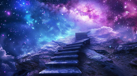 Embark on the aspirational journey to success and beyond the limits of imagination with this mystical staircase leading to the stars in an otherworldly landscapeの素材