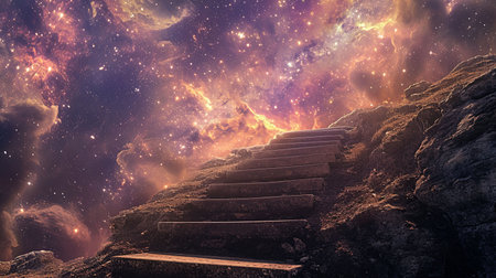 Embark on the aspirational journey to success and beyond the limits of imagination with this mystical staircase leading to the stars in an otherworldly landscapeの素材