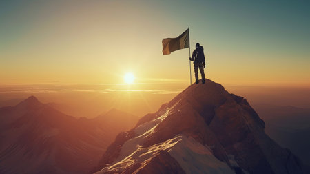 A triumphant climber standing on the mountain peak at dawn planting a flag with a majestic panoramic view of the world below bathed in the golden light of sunriseの素材