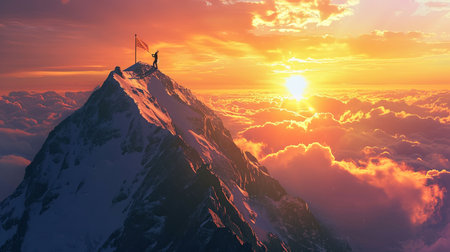 A triumphant climber standing on the mountain peak at dawn planting a flag with a majestic panoramic view of the world below bathed in the golden light of sunriseの素材