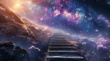 Embark on the aspirational journey to success and beyond the limits of imagination with this mystical staircase leading to the stars in an otherworldly landscapeの素材