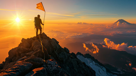 A triumphant climber standing on the mountain peak at dawn planting a flag with a majestic panoramic view of the world below bathed in the golden light of sunriseの素材