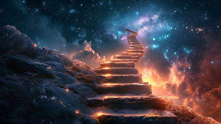 Embark on the aspirational journey to success and beyond the limits of imagination with this mystical staircase leading to the stars in an otherworldly landscapeの素材
