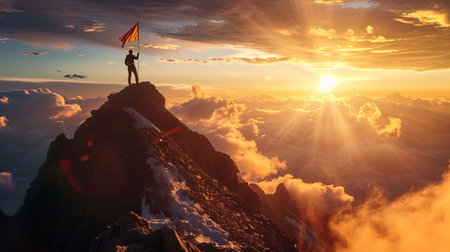 A triumphant climber standing on the mountain peak at dawn planting a flag with a majestic panoramic view of the world below bathed in the golden light of sunriseの素材