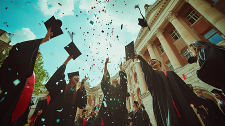 Experience the exhilarating moment of a graduation celebration as graduates throw their caps in the air at a prestigious university amidst confetti and joyful cheers A symbol of academic achievement and the excitement of new beginningsの素材