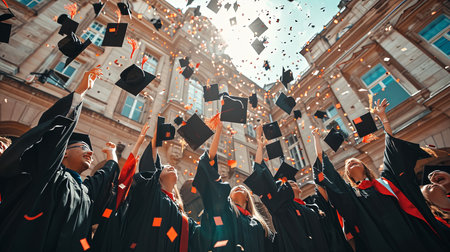 Experience the exhilarating moment of a graduation celebration as graduates throw their caps in the air at a prestigious university amidst confetti and joyful cheers A symbol of academic achievement and the excitement of new beginningsの素材