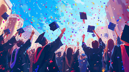 Experience the exhilarating moment of a graduation celebration as graduates throw their caps in the air at a prestigious university amidst confetti and joyful cheers A symbol of academic achievement and the excitement of new beginningsの素材