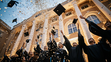 Experience the exhilarating moment of a graduation celebration as graduates throw their caps in the air at a prestigious university amidst confetti and joyful cheers A symbol of academic achievement and the excitement of new beginningsの素材