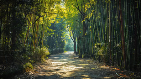 Experience the tranquility of nature as you wander along a serene path in a dense bamboo forest Be mesmerized by dappled sunlight and the soothing rustling of leavesの素材