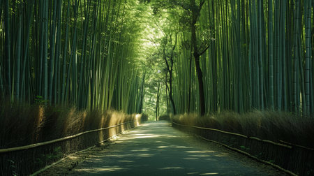 Experience the tranquility of nature as you wander along a serene path in a dense bamboo forest Be mesmerized by dappled sunlight and the soothing rustling of leavesの素材