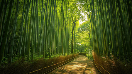 Experience the tranquility of nature as you wander along a serene path in a dense bamboo forest Be mesmerized by dappled sunlight and the soothing rustling of leavesの素材