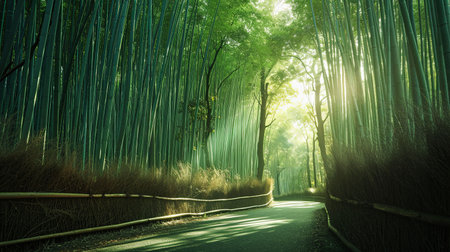 Experience the tranquility of nature as you wander along a serene path in a dense bamboo forest Be mesmerized by dappled sunlight and the soothing rustling of leavesの素材