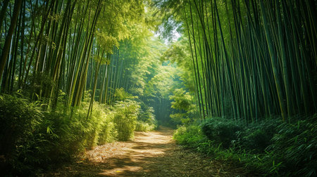 Experience the tranquility of nature as you wander along a serene path in a dense bamboo forest Be mesmerized by dappled sunlight and the soothing rustling of leavesの素材