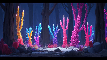 A vibrant and energetic digital image featuring a colorful hedge forest in the style of graffiti-inspired animals The neon colors and sharp details create a psychedelic atmosphere screenshotsaturdayの素材