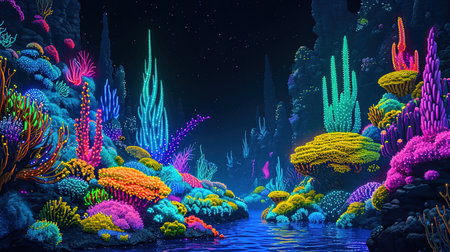 A vibrant and energetic digital image featuring a colorful hedge forest in the style of graffiti-inspired animals The neon colors and sharp details create a psychedelic atmosphere screenshotsaturdayの素材