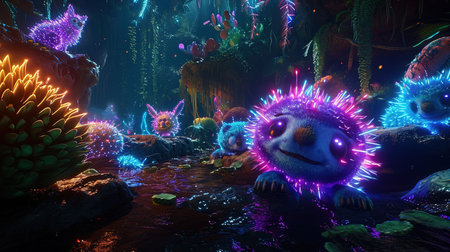 A vibrant and energetic digital image featuring a colorful hedge forest in the style of graffiti-inspired animals The neon colors and sharp details create a psychedelic atmosphere screenshotsaturdayの素材