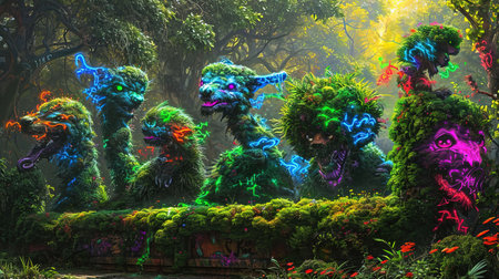 A vibrant and energetic digital image featuring a colorful hedge forest in the style of graffiti-inspired animals The neon colors and sharp details create a psychedelic atmosphere screenshotsaturdayの素材