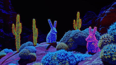 A vibrant and energetic digital image featuring a colorful hedge forest in the style of graffiti-inspired animals The neon colors and sharp details create a psychedelic atmosphere screenshotsaturdayの素材