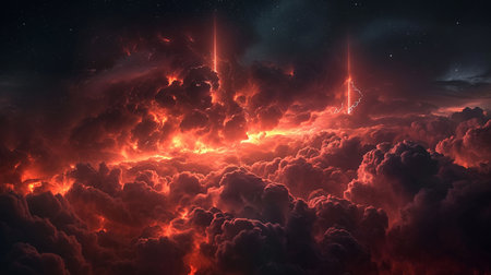 A surreal and haunting atmospheric light show in the upper atmosphere during a night thunderstormの素材