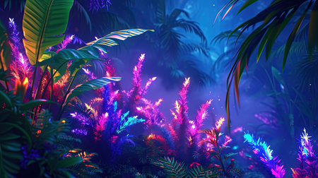 A vibrant and energetic digital image featuring a colorful hedge forest in the style of graffiti-inspired animals The neon colors and sharp details create a psychedelic atmosphere screenshotsaturdayの素材