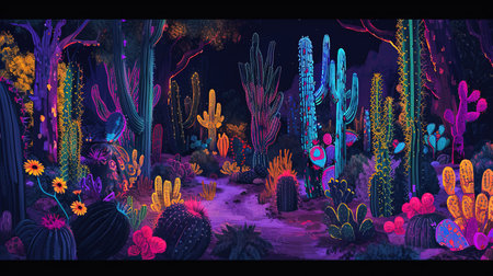 A vibrant and energetic digital image featuring a colorful hedge forest in the style of graffiti-inspired animals The neon colors and sharp details create a psychedelic atmosphere screenshotsaturdayの素材