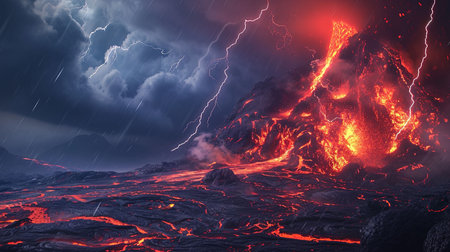 A dramatic and powerful natural spectacle of a volcanic eruption under a stormy sky with lightning bolts intertermingling with fiery red lava and dark ash cloudsの素材