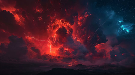 A surreal and haunting atmospheric light show in the upper atmosphere during a night thunderstormの素材