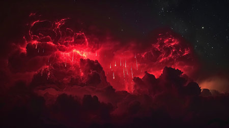 A surreal and haunting atmospheric light show in the upper atmosphere during a night thunderstormの素材
