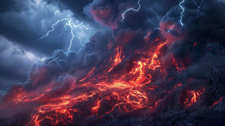 A dramatic and powerful natural spectacle of a volcanic eruption under a stormy sky with lightning bolts intertermingling with fiery red lava and dark ash cloudsの素材