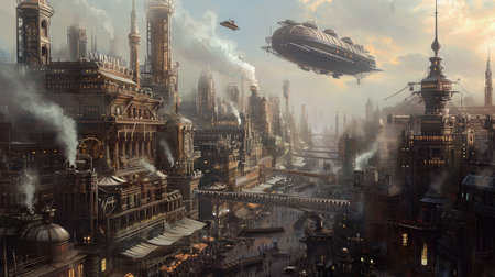 Explore the captivating world of steampunk with this breathtaking image of a bustling city filled with Victorian style architecture intricate clockwork devices and majestic airships Immerse yourself in the beauty of this industrial wonderlandの素材