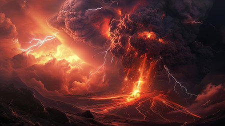 A dramatic and powerful natural spectacle of a volcanic eruption under a stormy sky with lightning bolts intertermingling with fiery red lava and dark ash cloudsの素材