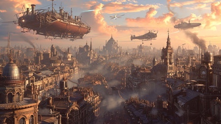 Explore the captivating world of steampunk with this breathtaking image of a bustling city filled with Victorian style architecture intricate clockwork devices and majestic airships Immerse yourself in the beauty of this industrial wonderlandの素材