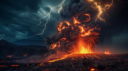 A dramatic and powerful natural spectacle of a volcanic eruption under a stormy sky with lightning bolts intertermingling with fiery red lava and dark ash cloudsの素材