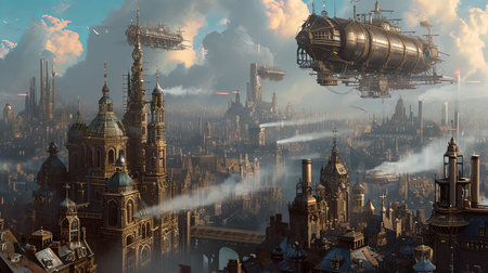 Explore the captivating world of steampunk with this breathtaking image of a bustling city filled with Victorian style architecture intricate clockwork devices and majestic airships Immerse yourself in the beauty of this industrial wonderlandの素材