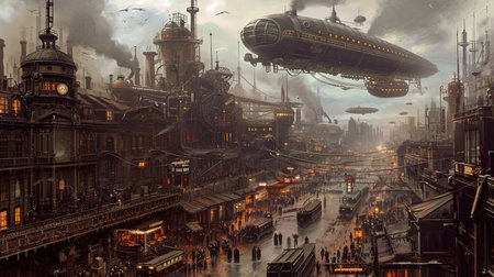 Explore the captivating world of steampunk with this breathtaking image of a bustling city filled with Victorian style architecture intricate clockwork devices and majestic airships Immerse yourself in the beauty of this industrial wonderlandの素材