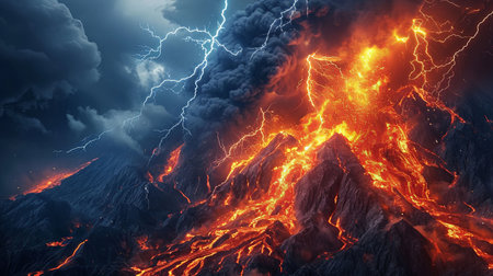 A dramatic and powerful natural spectacle of a volcanic eruption under a stormy sky with lightning bolts intertermingling with fiery red lava and dark ash cloudsの素材