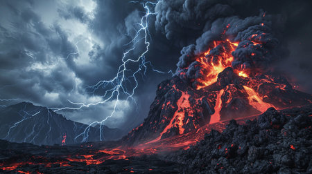 A dramatic and powerful natural spectacle of a volcanic eruption under a stormy sky with lightning bolts intertermingling with fiery red lava and dark ash cloudsの素材