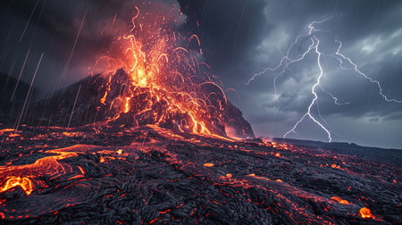 A dramatic and powerful natural spectacle of a volcanic eruption under a stormy sky with lightning bolts intertermingling with fiery red lava and dark ash cloudsの素材
