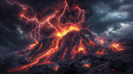 A dramatic and powerful natural spectacle of a volcanic eruption under a stormy sky with lightning bolts intertermingling with fiery red lava and dark ash cloudsの素材