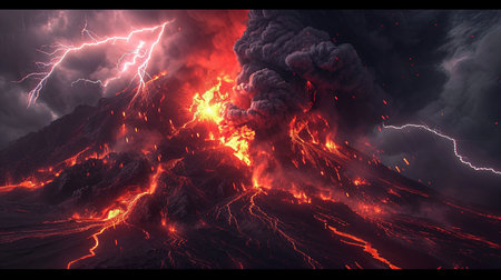 A dramatic and powerful natural spectacle of a volcanic eruption under a stormy sky with lightning bolts intertermingling with fiery red lava and dark ash cloudsの素材