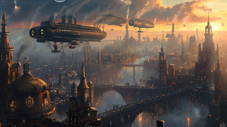 Explore the captivating world of steampunk with this breathtaking image of a bustling city filled with Victorian style architecture intricate clockwork devices and majestic airships Immerse yourself in the beauty of this industrial wonderlandの素材