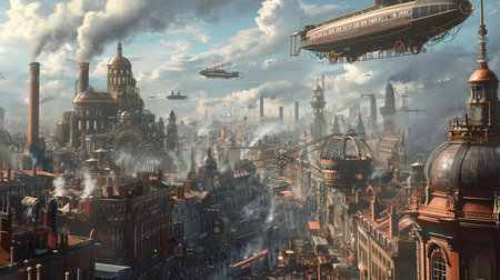 Explore the captivating world of steampunk with this breathtaking image of a bustling city filled with Victorian style architecture intricate clockwork devices and majestic airships Immerse yourself in the beauty of this industrial wonderlandの素材